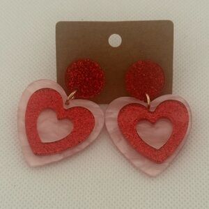 Red & Pink Heart Acrylic Earrings – Glitter Layered Drop – NWT